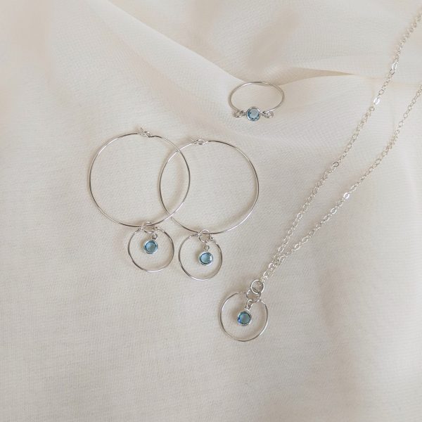 Gem hoops, ring and necklace in silver aquamarine